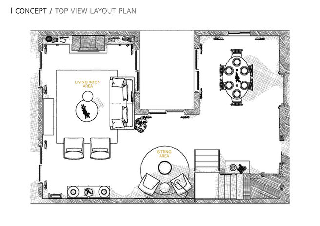 Top view layout plan of holiday home living and dining area redesign in Almancil.