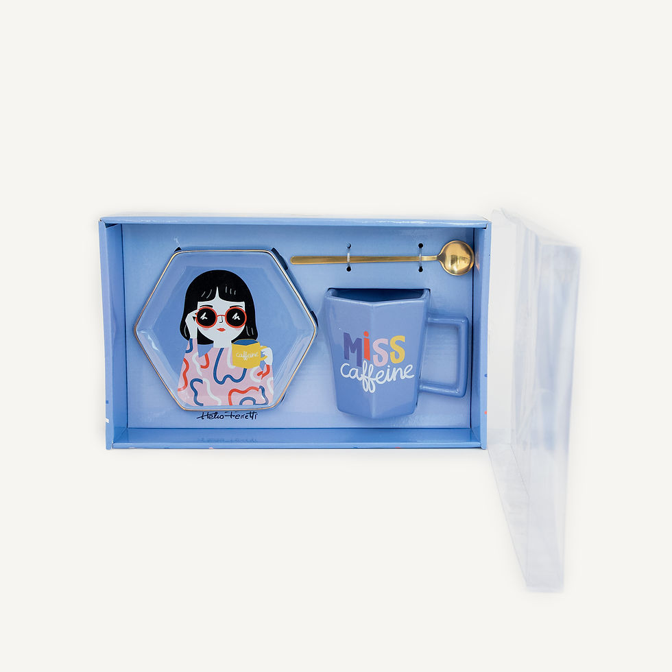 Thumbnail: Coffee mug and hexagonal dish set with gold spoon