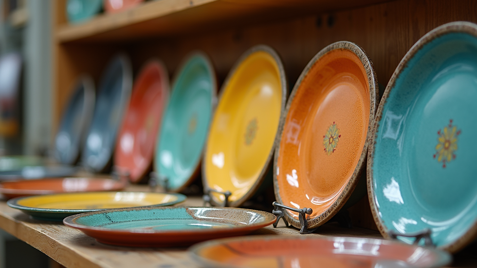 Close-up view of colorful ceramic plates on display in a local shop