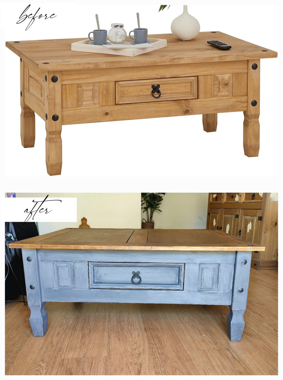 Upcycled coffee table transformation from natural wood to painted finish for an eclectic apartment interior in Portimão.