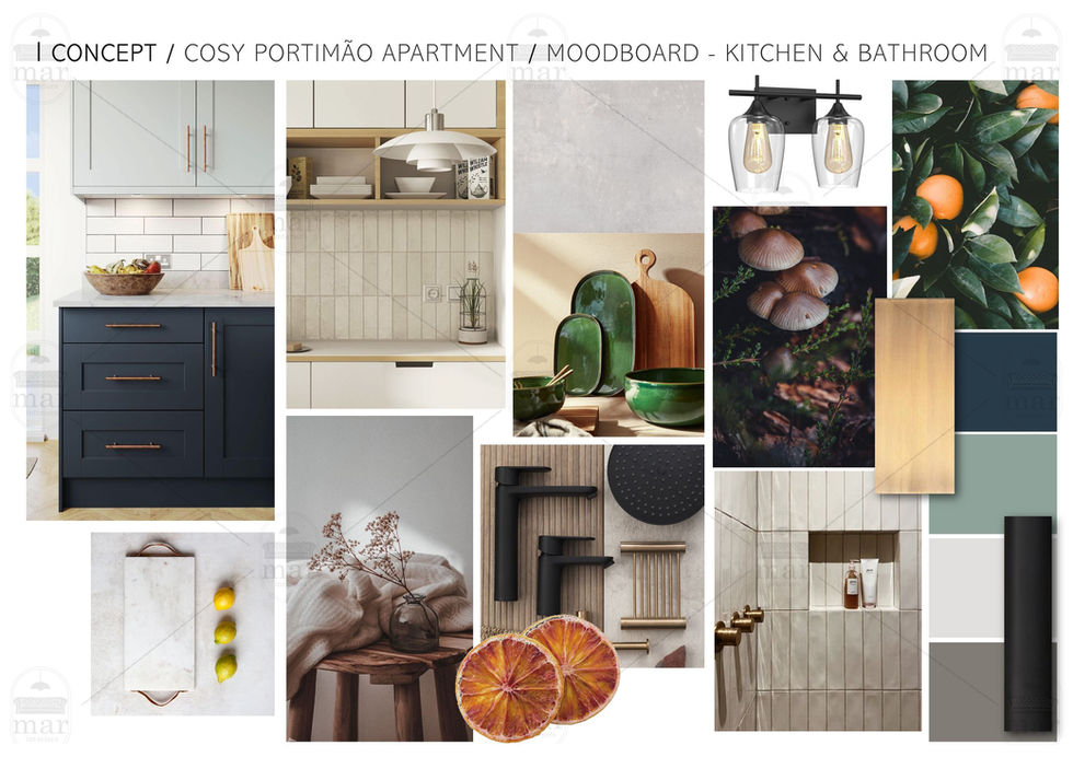 Kitchen and bathroom moodboard featuring country-inspired materials and soft natural tones for an apartment renovation in Portimão.