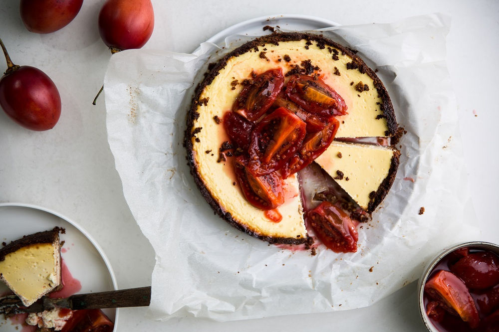 Walnut Crust Cheesecake with Macerated Tamarillos