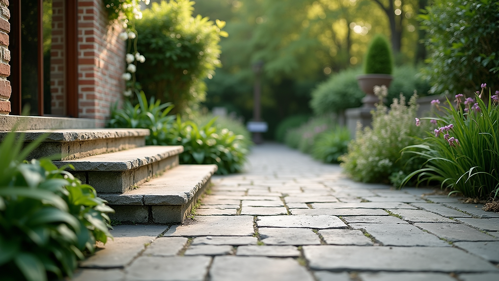 High angle view of a stone patio surrounded by lush greenery