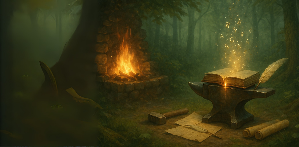 An open book glowing with golden light on a blacksmith’s anvil, surrounded by parchment, a quill, scrolls, and a hammer, set in a forest beside a glowing forge. Letters float magically into the air.