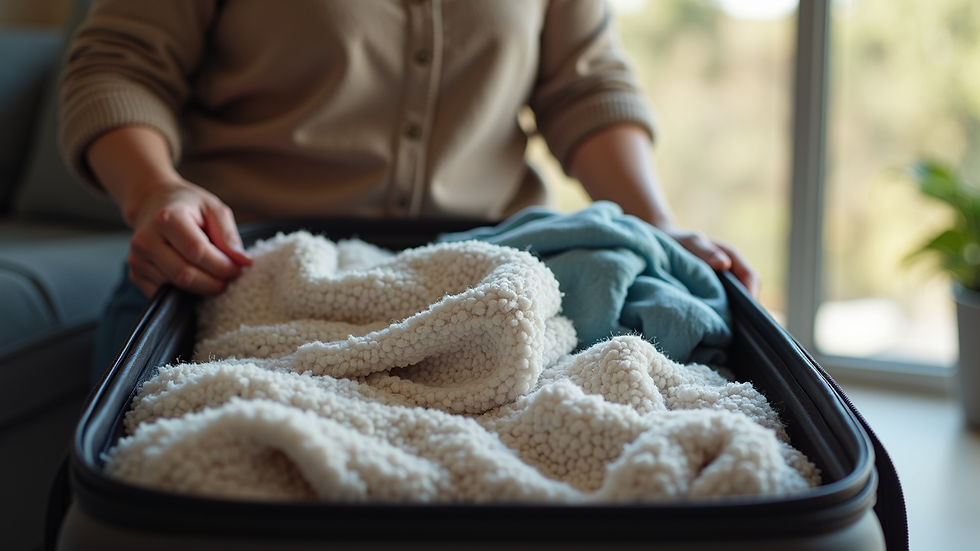 Close-up view of a senior woman packing a suitcase with comfortable clothes