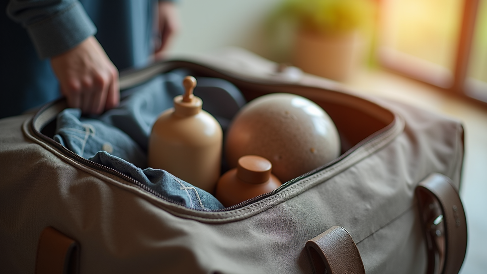 Close-up view of a travel bag with essential items for senior travel