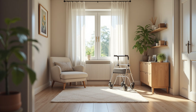 Eye-level view of a cozy living room with assistive devices arranged neatly