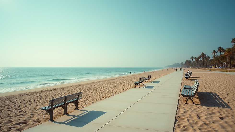 High angle view of a calm beach with accessible walkways and benches