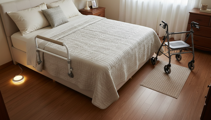 Overhead view of a senior bed setup with a rail, night-light, and walker nearby