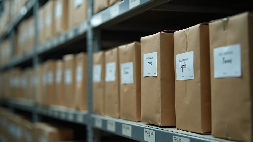 Close-up view of labeled storage boxes neatly arranged on shelves