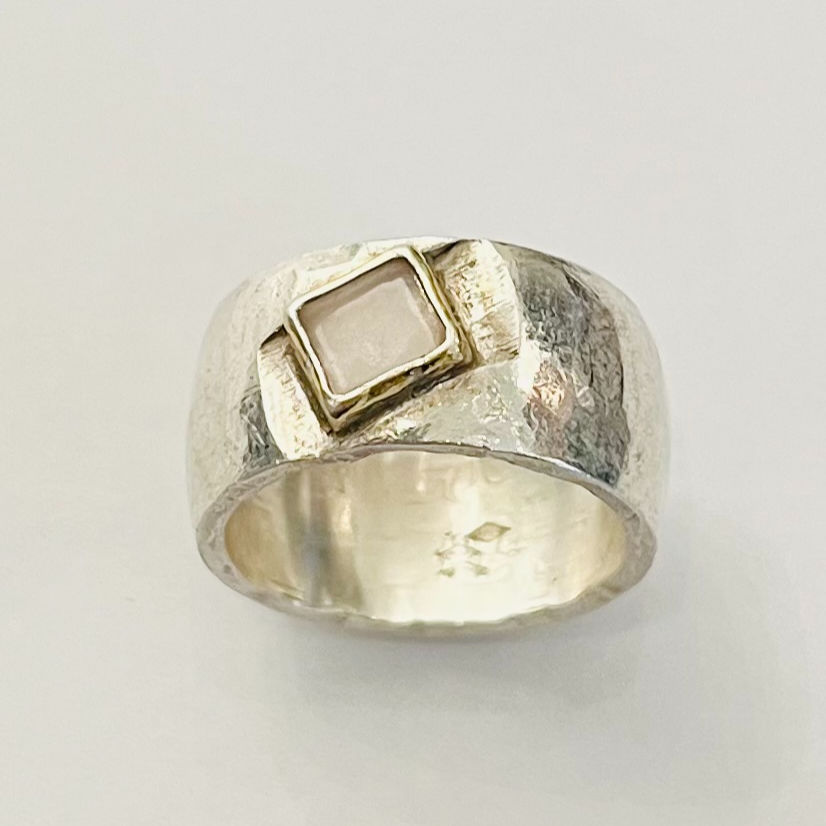 Miniature : Bague "cube" en Argent, Or, Quartz rose