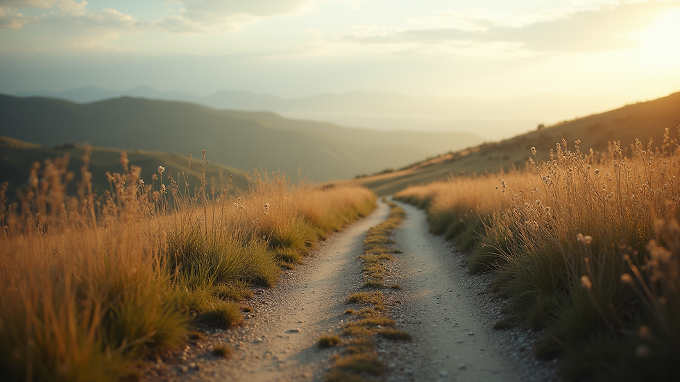 Eye-level view of a serene landscape with a winding path