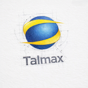 Logotipo Talmax em estilo técnico, esfera azul com faixa amarela sobre fundo de papel texturizado