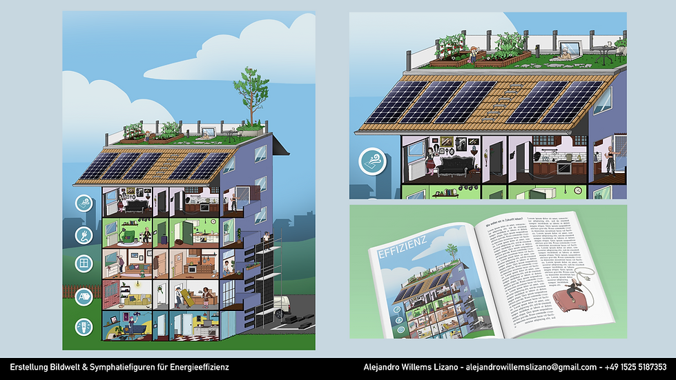 Ein mehrstöckiges Mehrparteien Haus, welches auf den Geschossen Aspekte von Energieeffizienz darstellt