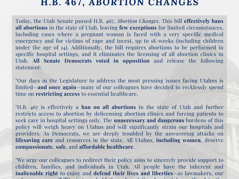 Utah Senate Democrats' Statement on the Passage of H.B. 467, Abortion Changes