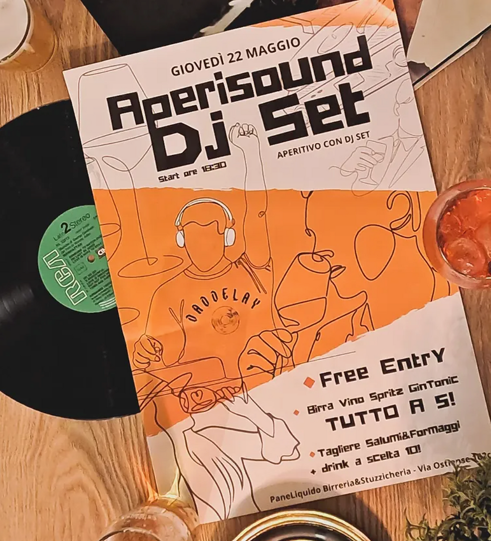 Locandina AperiSound DJ set da PaneLiquido a Roma Ostiense, aperitivo con musica e drink in un pub dal mood creativo.