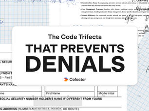 "The Code Trifecta: That Prevents Denials" layered on top of a collage of paper, graphs, documents, and handwriting.