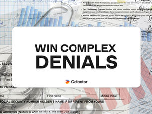 "Win Complex Denials" layered on top of a collage of graph paper, medical documents, and handwriting.
