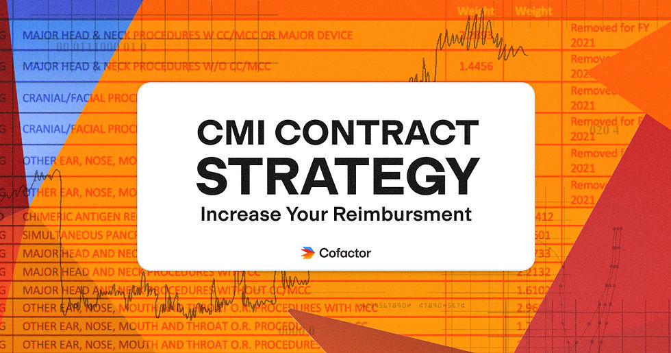 "CMI Contract Strategy Increase Your Reimbursment" layered on top of a collage of shapes, graphs, grid paper, and documents.