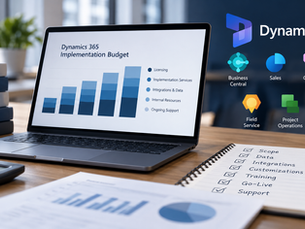 Dynamics 365 implementation budget dashboard showing licensing, services, integrations, internal resources, and support cost categories