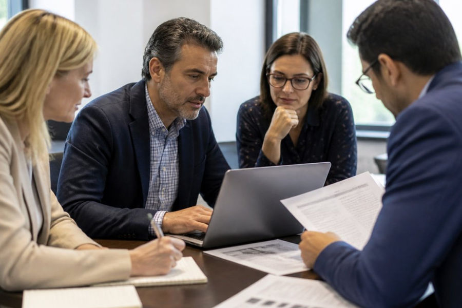 Business team gathered around conference table reviewing implementation assessment findings on laptop and printed reports with natural office lighting