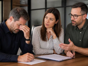 Three professionals sitting at conference table discussing a failed ERP implementation