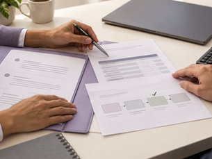 Business leader and adviser reviewing a decision brief, proposed budget, and process plan before approving implementation.