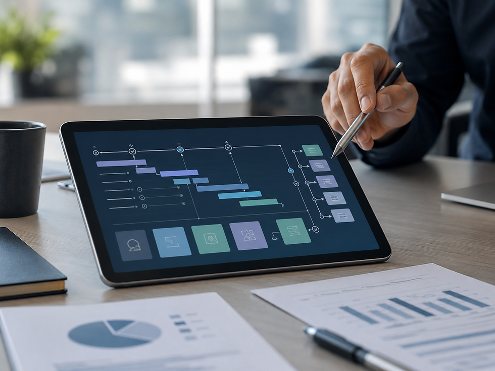 A close-up of a project table with a tablet showing an abstract implementation timeline, data migration blocks, reporting checkpoints, and approval paths