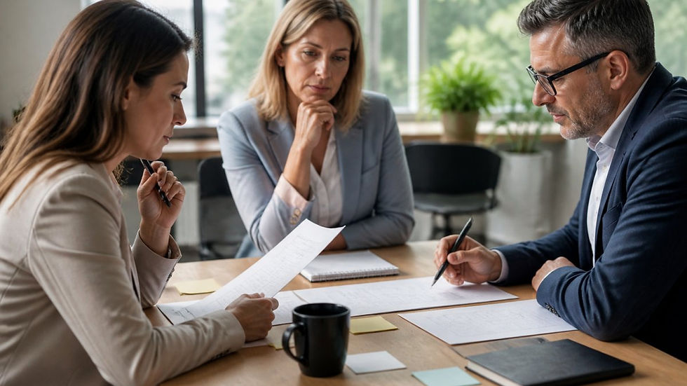 Three individuals sitting around a conference table discussing assessment results