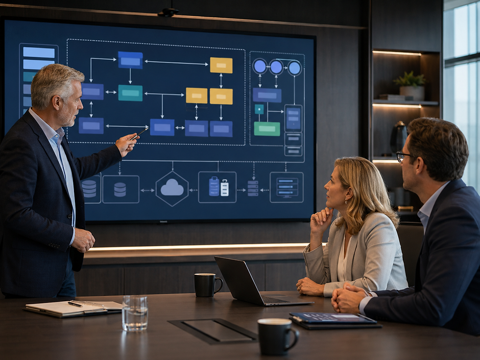 A senior consultant and two business leaders reviewing an implementation plan on a large wall display in a modern conference room