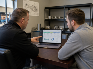 Sales rep reviewing a Dynamics 365 Sales pipeline on a laptop in a modern office