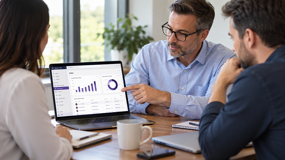 Three professionals review a dashboard on a laptop during a business meeting, representing Highlight Health’s recovered Dynamics 365 implementation.