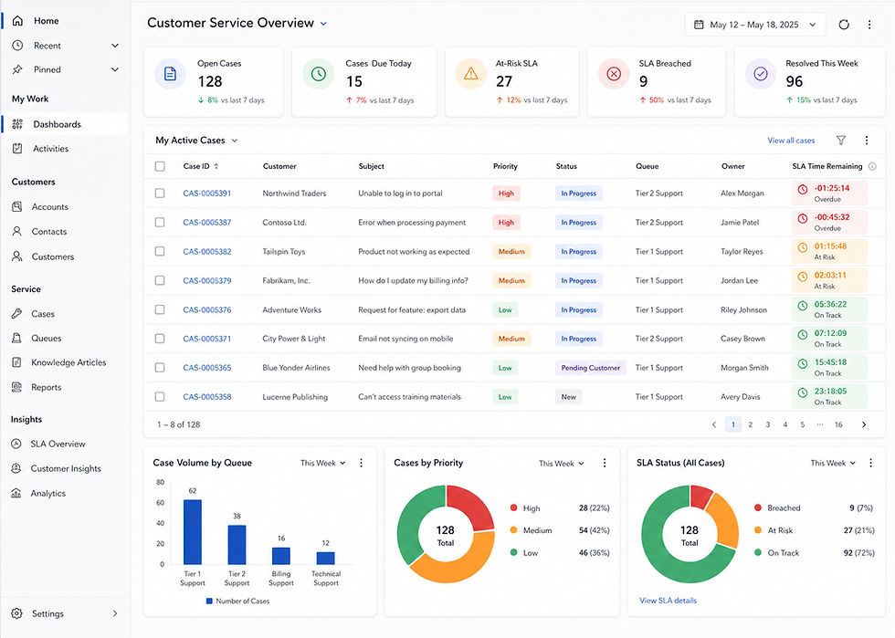 Dynamics 365 Customer Service Professional dashboard showing case queue and SLA timers