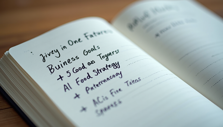 Close-up of a notebook with business goals and AI strategy notes