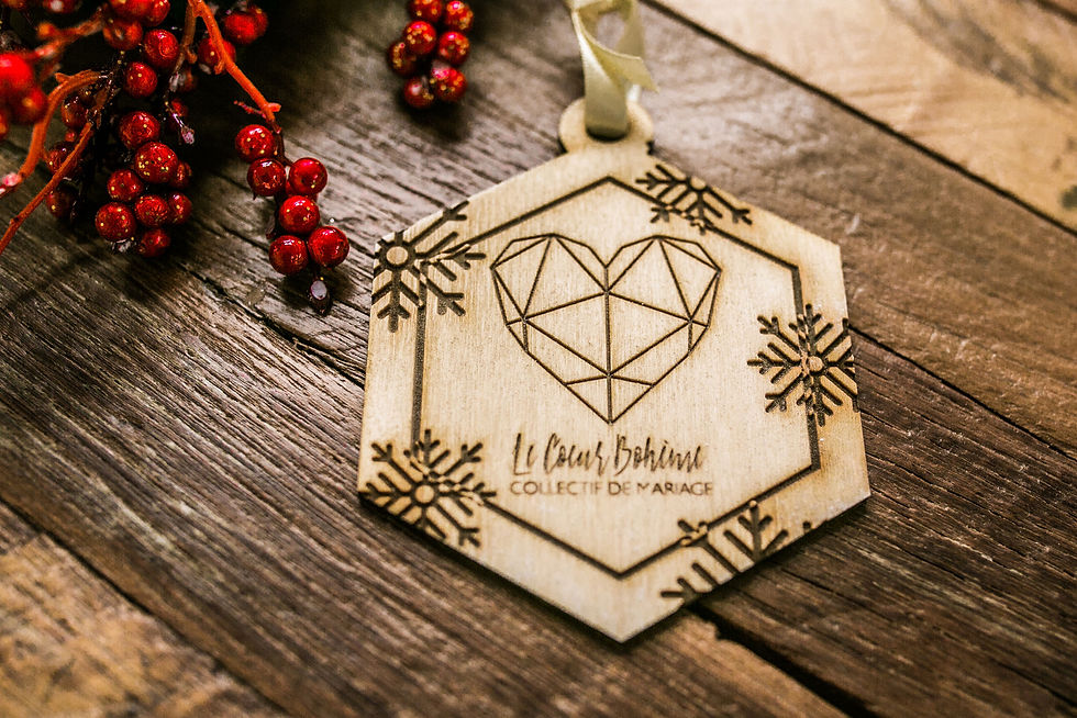 Wood Geometric Hexagon with Snowflake Holiday and Christmas Ornament with text or name or monogram or business logo