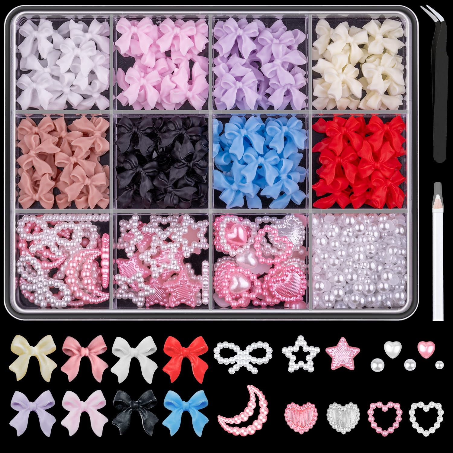 Caja studs variados lazos, perlas, corazones