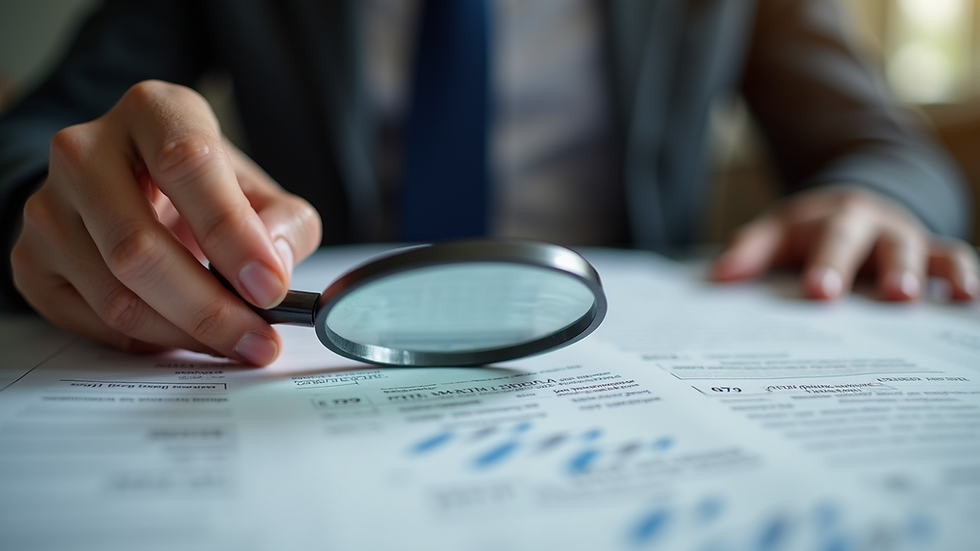 Close-up view of a person holding a magnifying glass over a document