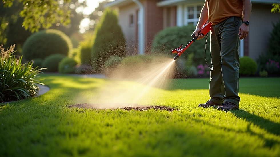High angle view of a lawn care technician applying fertilizer to a residential yard