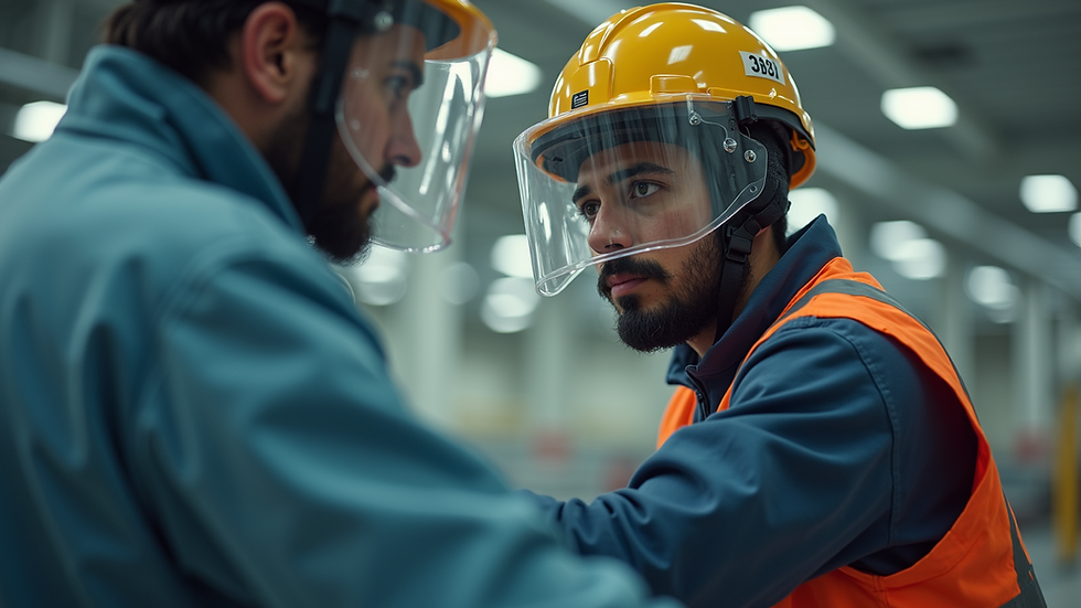 Eye-level view of a safety instructor demonstrating proper use of protective gear