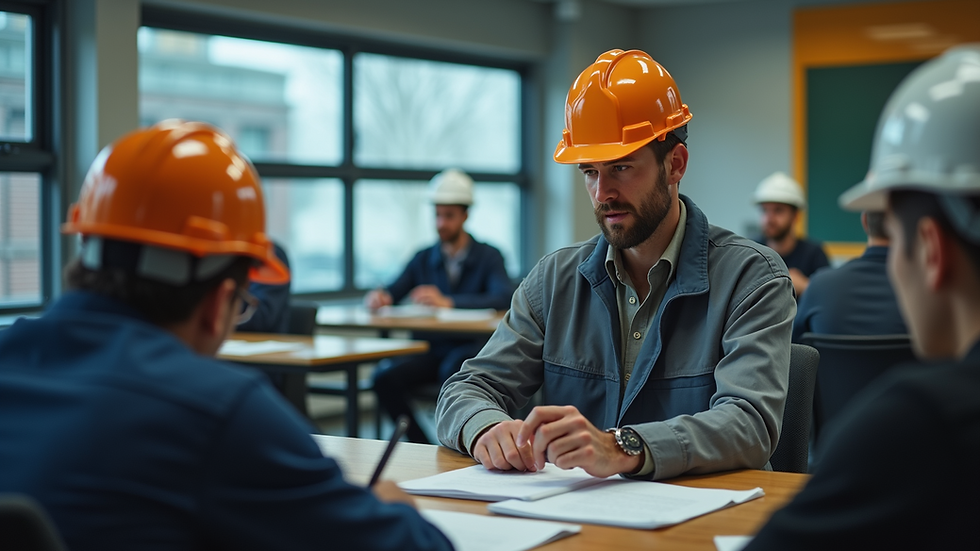 High angle view of a worker receiving OSHA safety training in a classroom