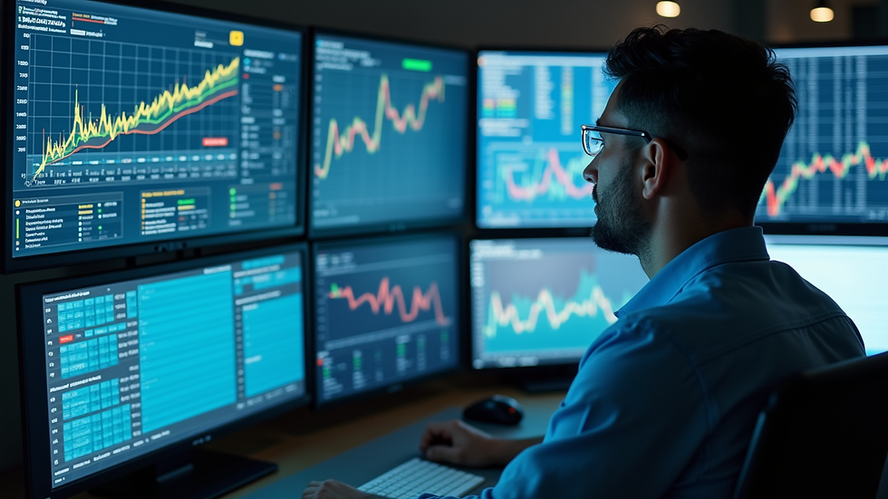 High angle view of a safety manager analyzing data on multiple screens