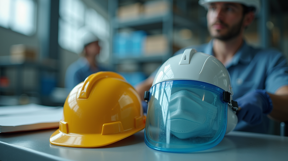 Close-up view of safety training materials and protective gear