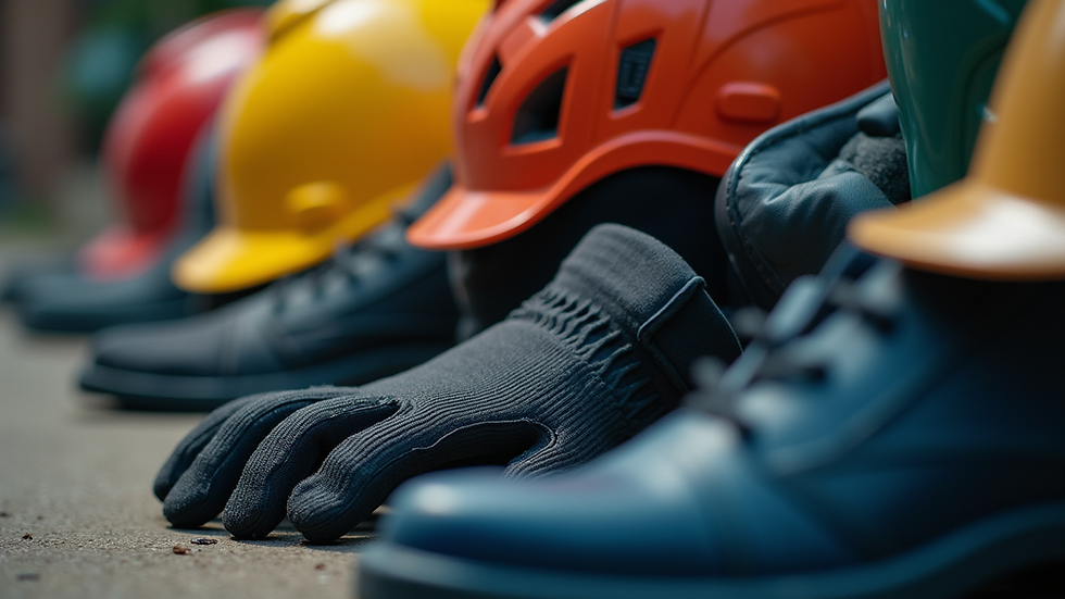 Close-up view of safety equipment including helmets and gloves arranged neatly