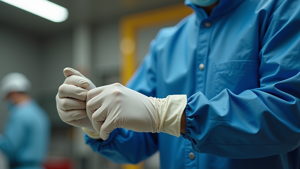 Close-up view of a safety instructor demonstrating proper use of protective gloves