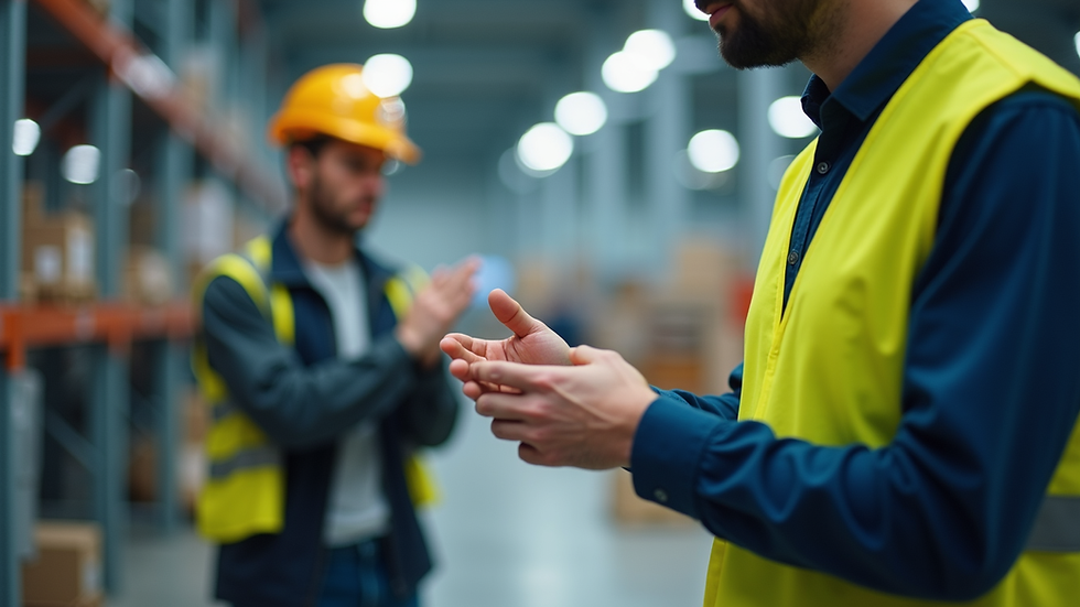Close-up view of a safety training session with a trainer explaining risk controls