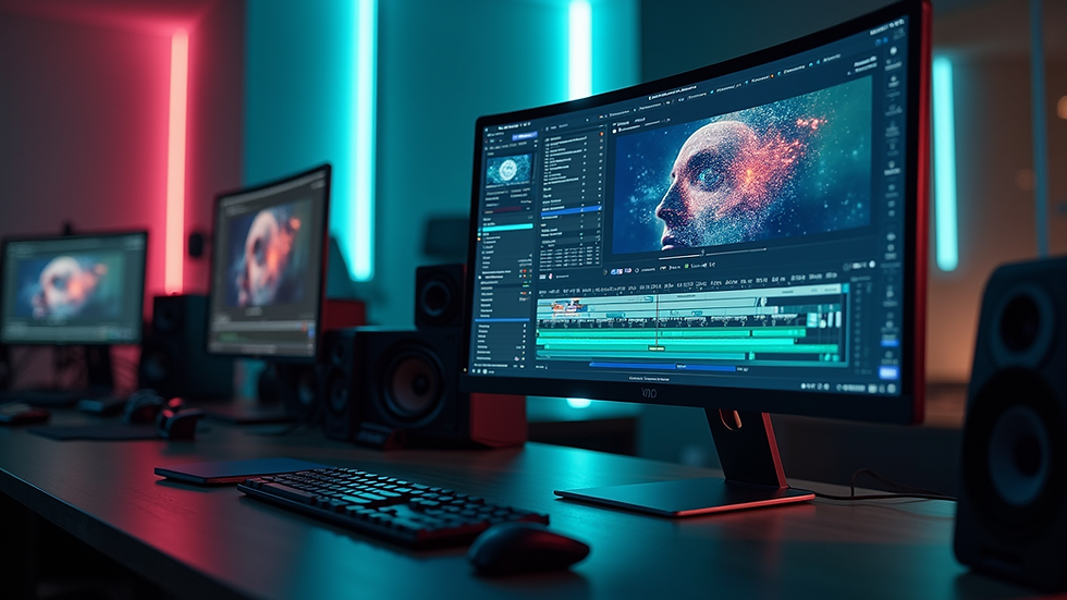 Eye-level view of a modern video editing workstation with AI software on screen