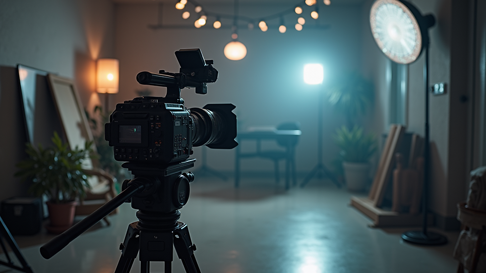 Eye-level view of a professional video camera setup on a tripod in a studio