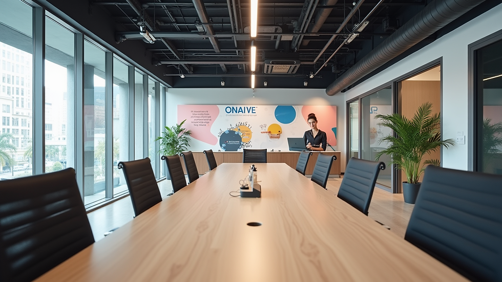 Eye-level view of a modern office space with branded visuals on the walls