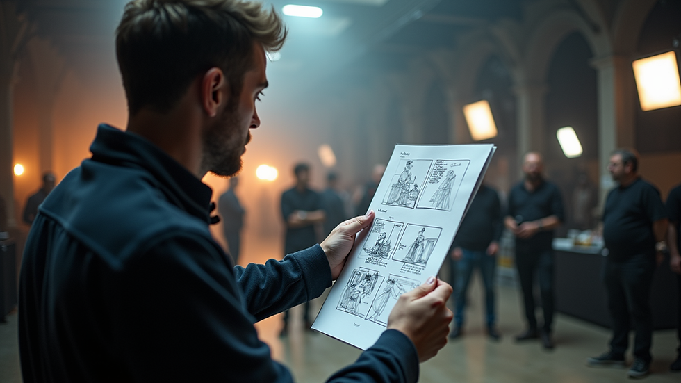Eye-level view of a film director reviewing a storyboard on set
