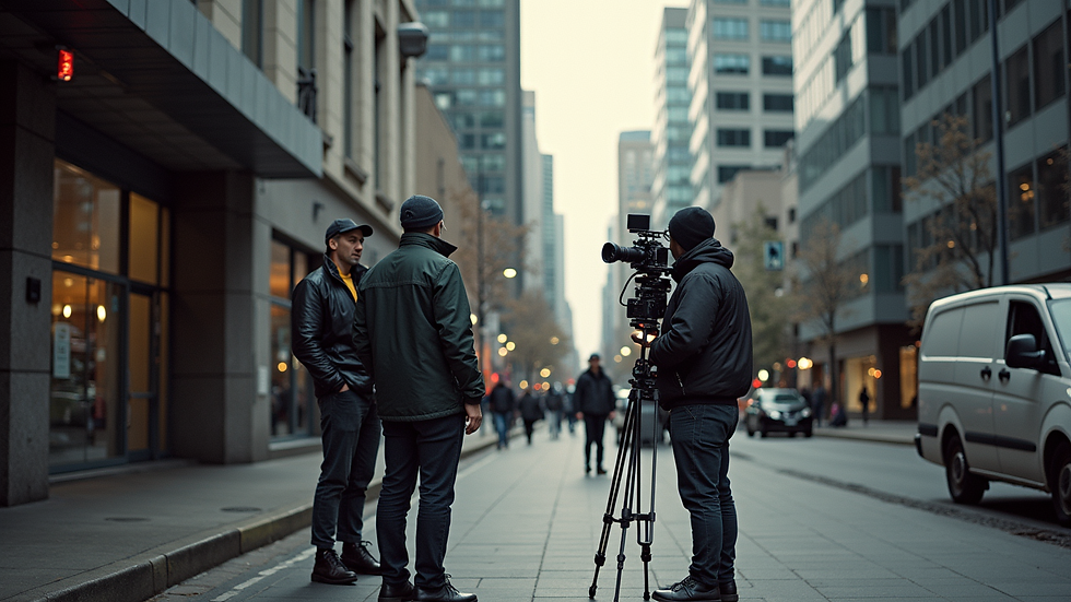 Wide angle view of a film crew setting up camera equipment in an urban Vancouver location
